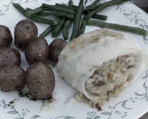 Now THIS is some fabulous trail magic! Crab stuffed Cod with new potatoes and green beans. Oh Yea!!